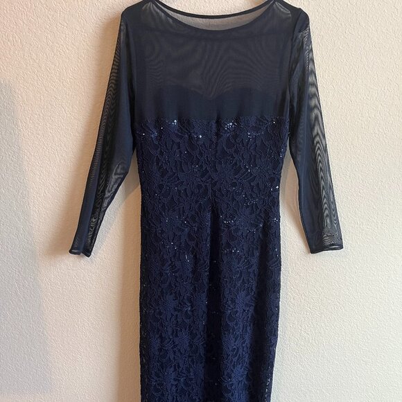 Lauren Ralph Lauren Evening Maxi Dress Women 12P Navy Lace Sequin Formal Luxury - Picture 2 of 8